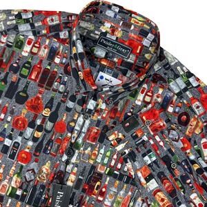 NEW Paisley & Gray Button Down Shirt Mens L Bar Liquor Bottle Print Slim Fit Fun